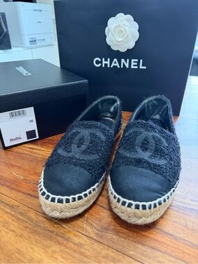 CHANEL Black Bouclé Espadrille Slip-Ons with Rope Sole